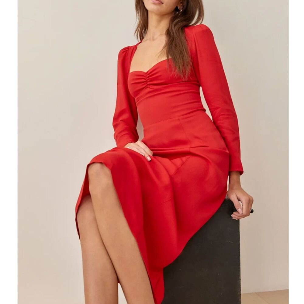 Reformation Claudio Dress Red Sweetheart Long Sleeve Midi Dress Size 8